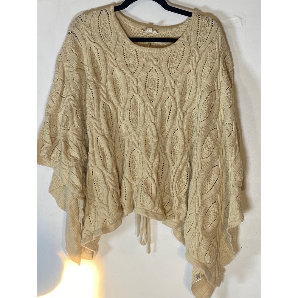 Double Zero Cream Cable Knit Poncho Sweater Lace Up Back Boho Cottagecore Size L